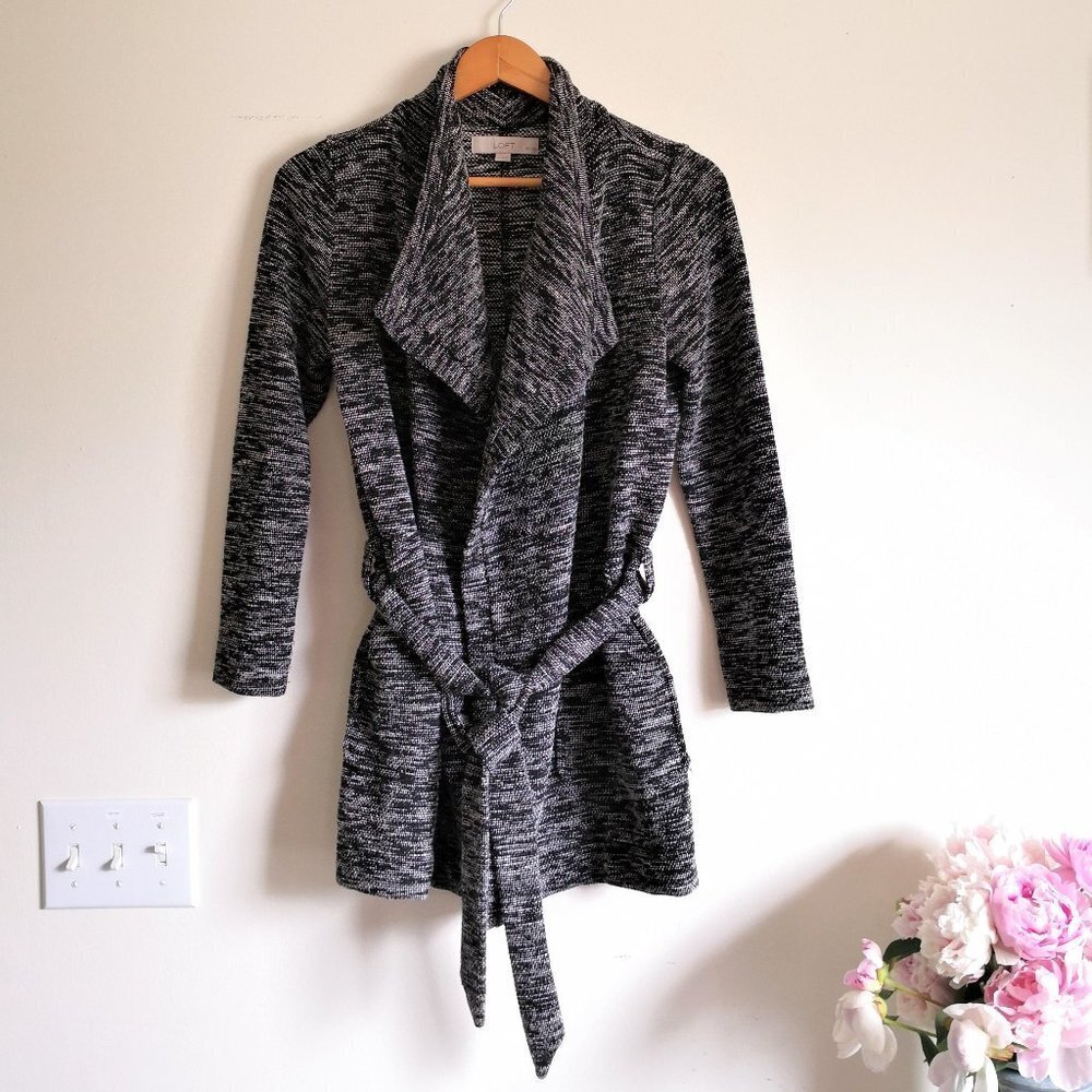 LOFT Tweed Cardigan With Belt Black& White Size XS Petite